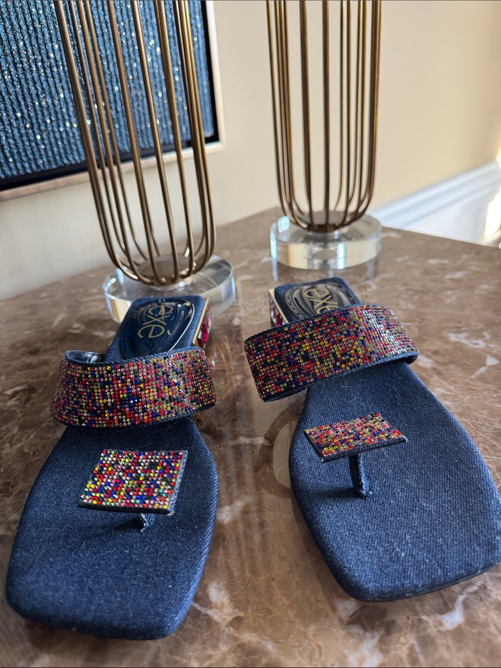 Exe Beaded Navy Square-Toe Slide Sandals